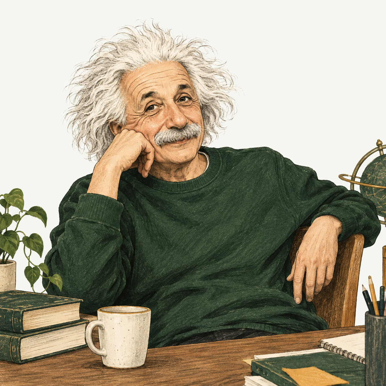Rysunkowy Albert Einstein w zielonej bluzie, z uśmiechem odpoczywający przy biurku